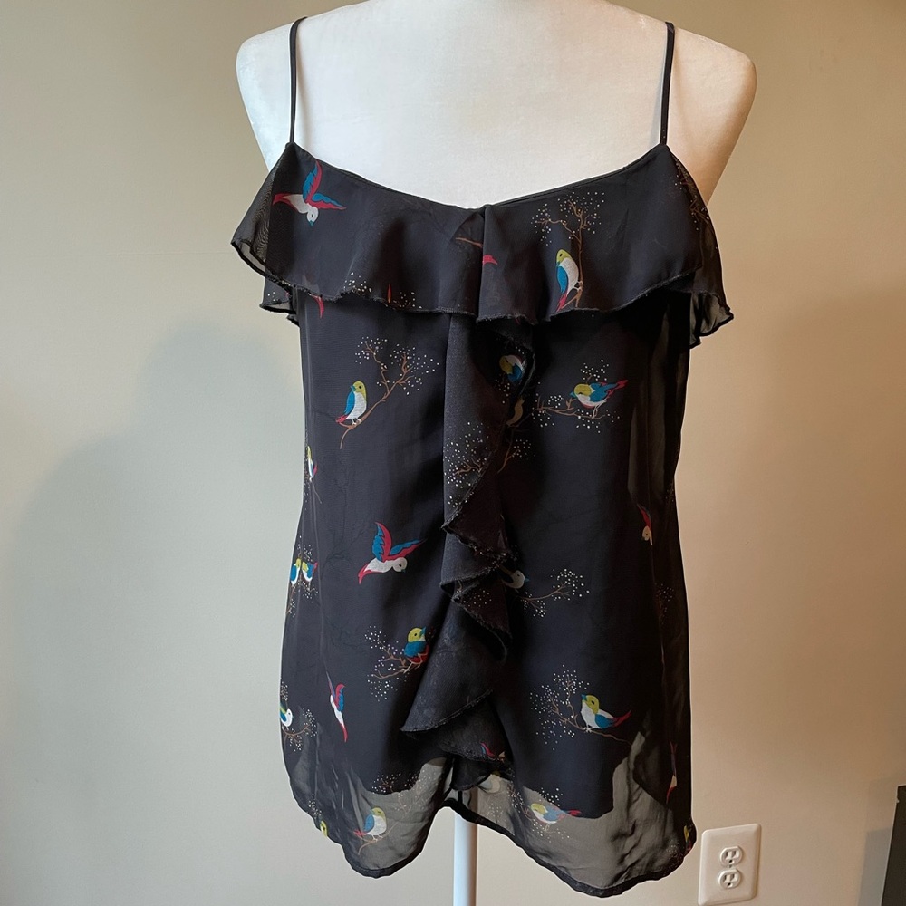 Bird chiffon tank by Xhiliration. Black, ruffles. Size Medium MED M